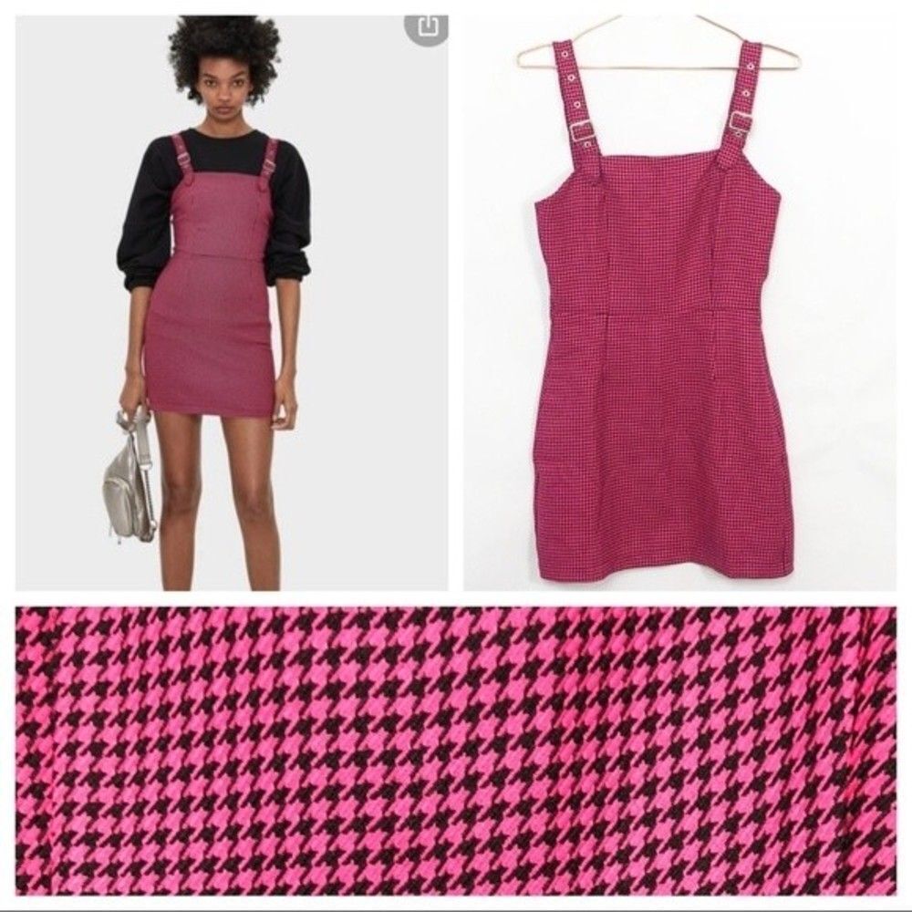 Bershka Houndstooth Overall Mini Dress Pink&Black New Without Tags Medium